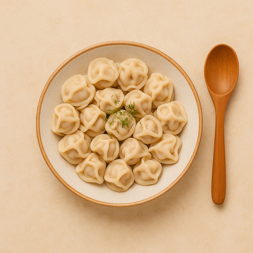El yapımı pelmeni tabağı, tereyağ ve dereotu ile süslenmiş – Dudo Mutfak Ataköy, ev usulü Türk ve Rus mutfağı lezzetleri.