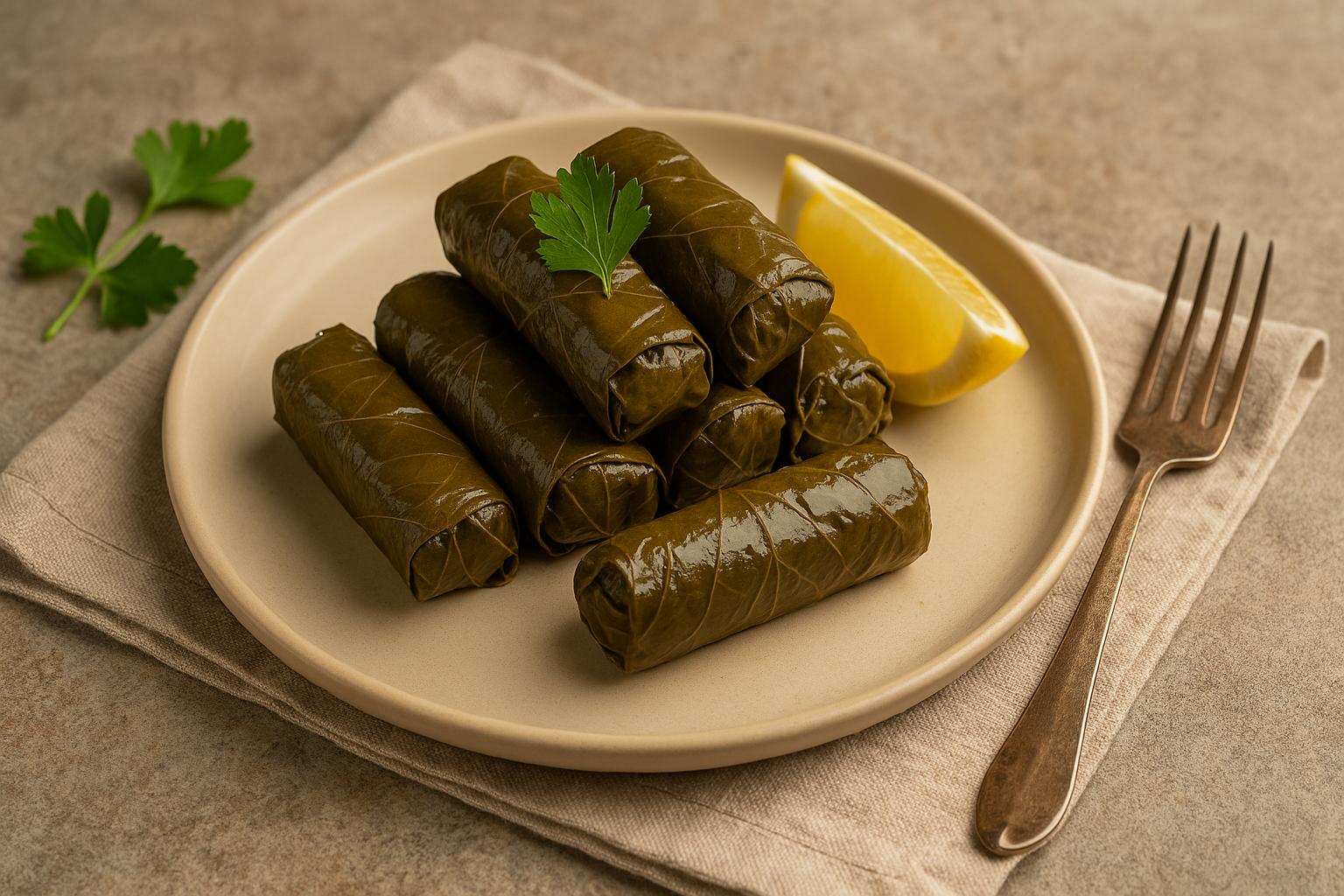 Zeytinyağlı yaprak sarma tabağı, limon dilimi ve dereotu ile servis edilmiş geleneksel Türk mezesi.